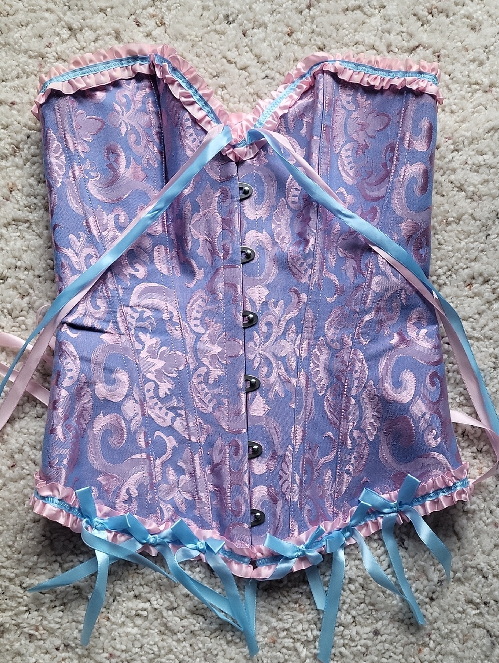 Lavender & Pink Brocade Corset with Blue Ribbon Trim
